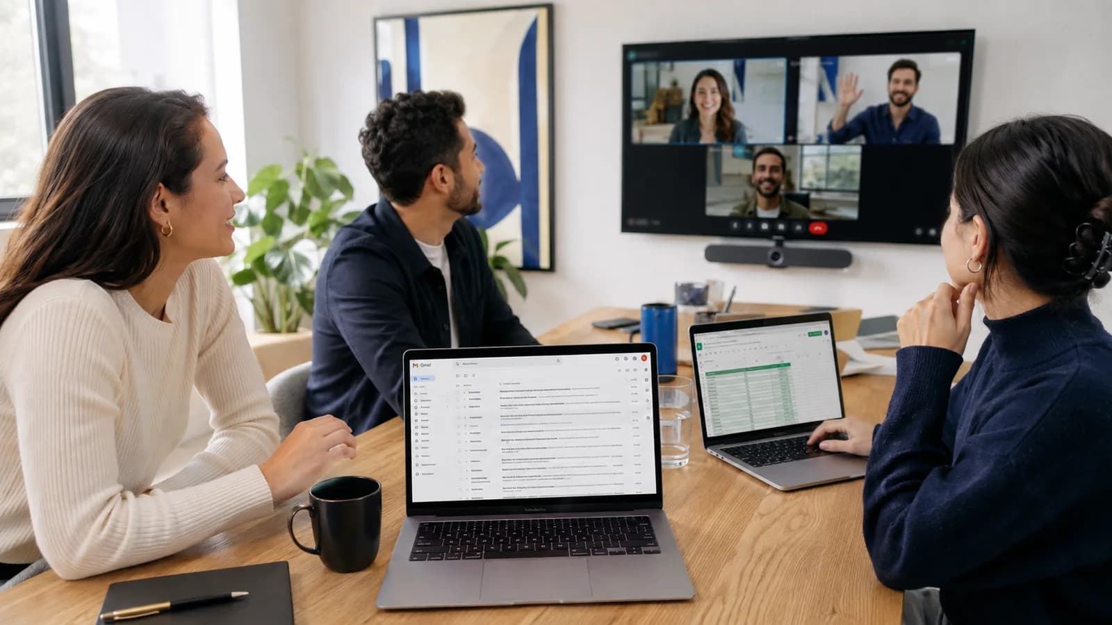 Equipo colaborando con correo, hojas de cálculo y una videollamada en una oficina