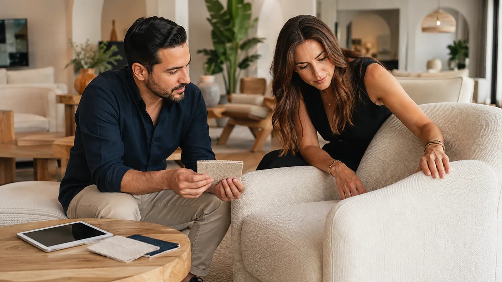 Cliente comparando materiales con un asesor antes de comprar un mueble
