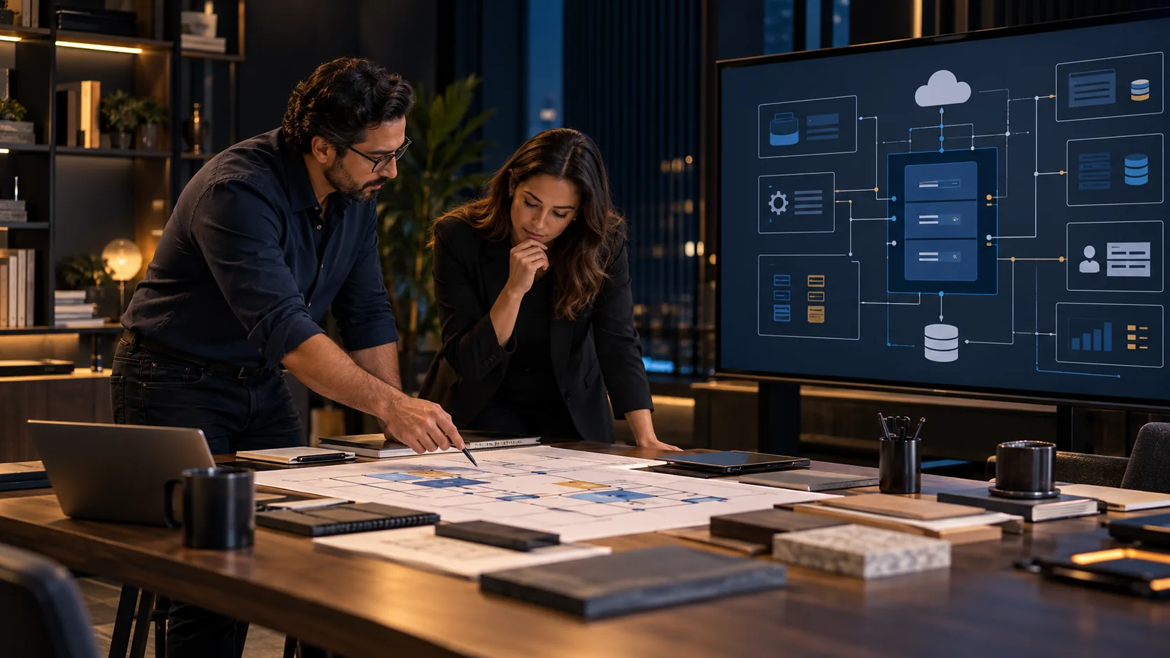Arquitectos de software definiendo la estructura y las integraciones de un sistema empresarial a medida