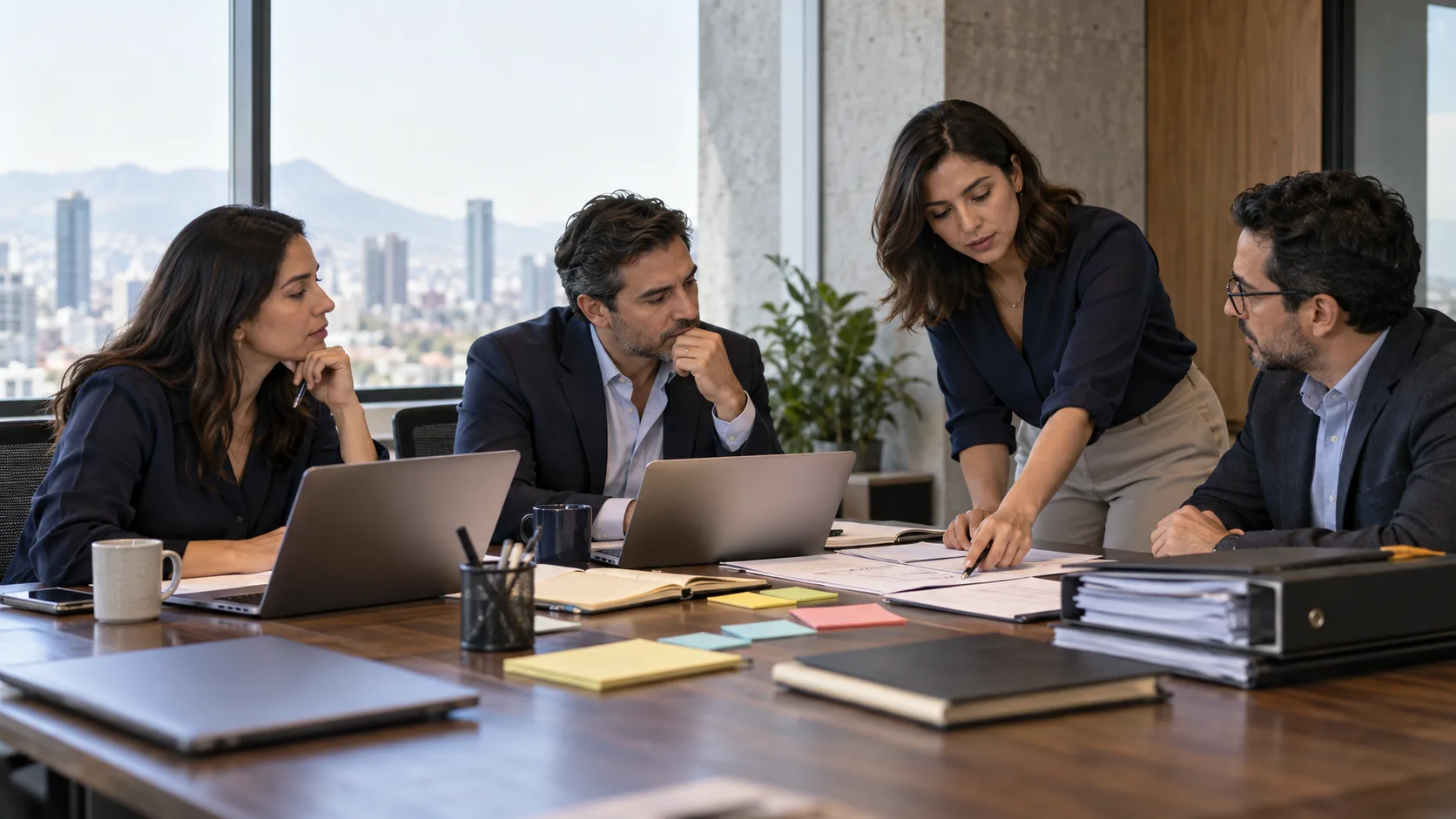 Equipo directivo comparando dos formas de colaboración y productividad empresarial