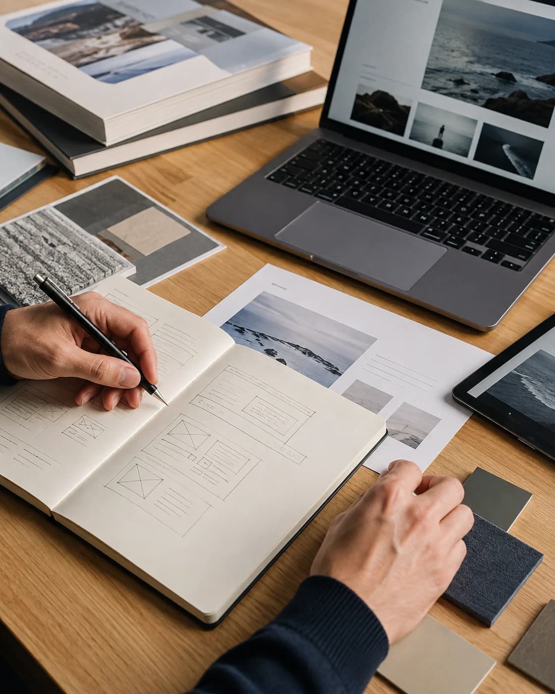 Bocetos y prototipos de una experiencia web durante el proceso de diseño