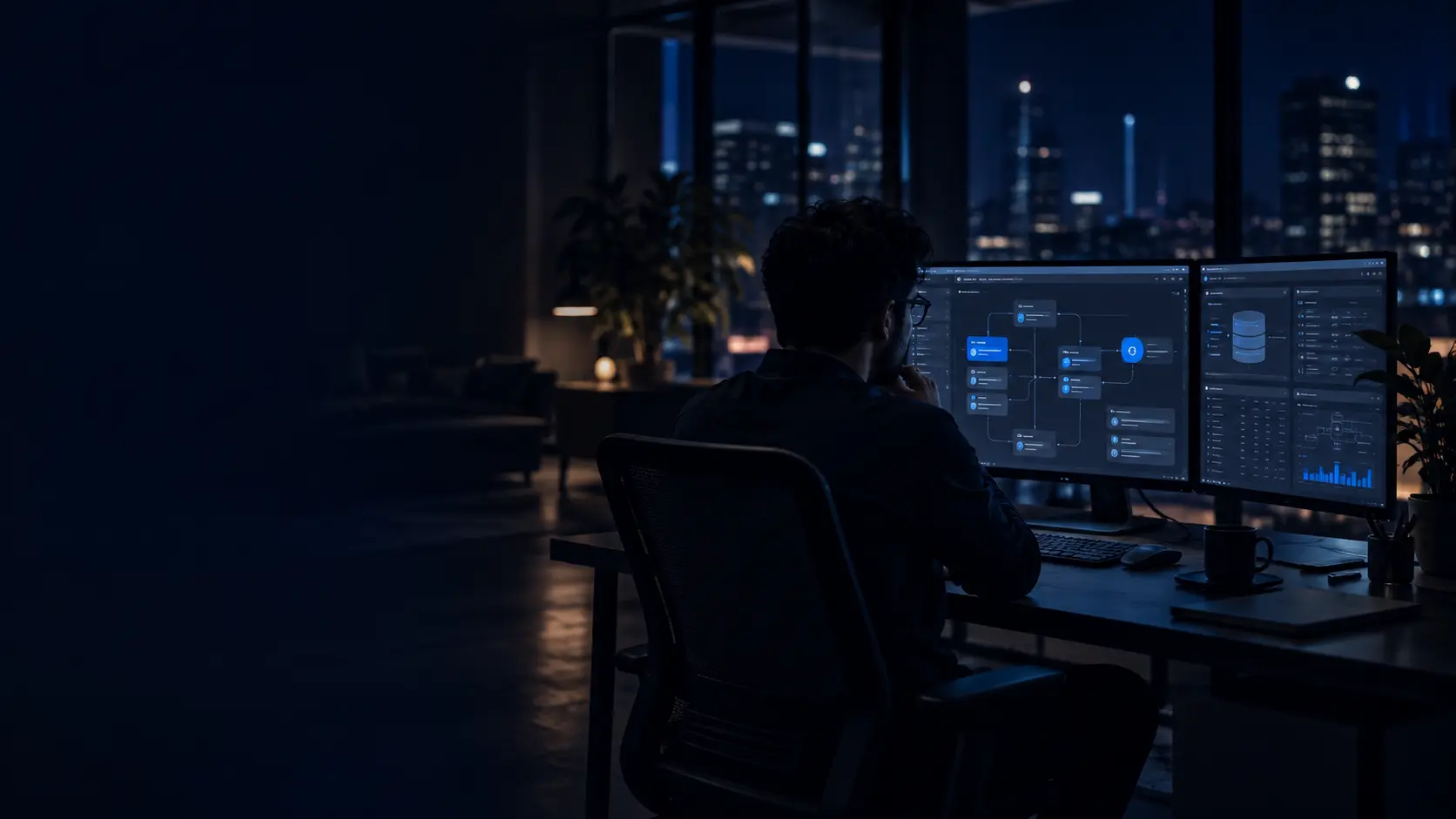 Especialista revisando la arquitectura de una plataforma empresarial a medida en un estudio nocturno